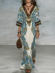 Elegant Resort Flowy Baroque-Print Deep-V Blue & Gold Maxi Dress