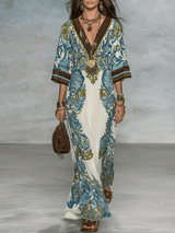 Elegant Resort Flowy Baroque-Print Deep-V Blue & Gold Maxi Dress