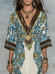 Elegant Resort Flowy Baroque-Print Deep-V Blue & Gold Maxi Dress