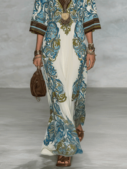 Elegant Resort Flowy Baroque-Print Deep-V Blue & Gold Maxi Dress