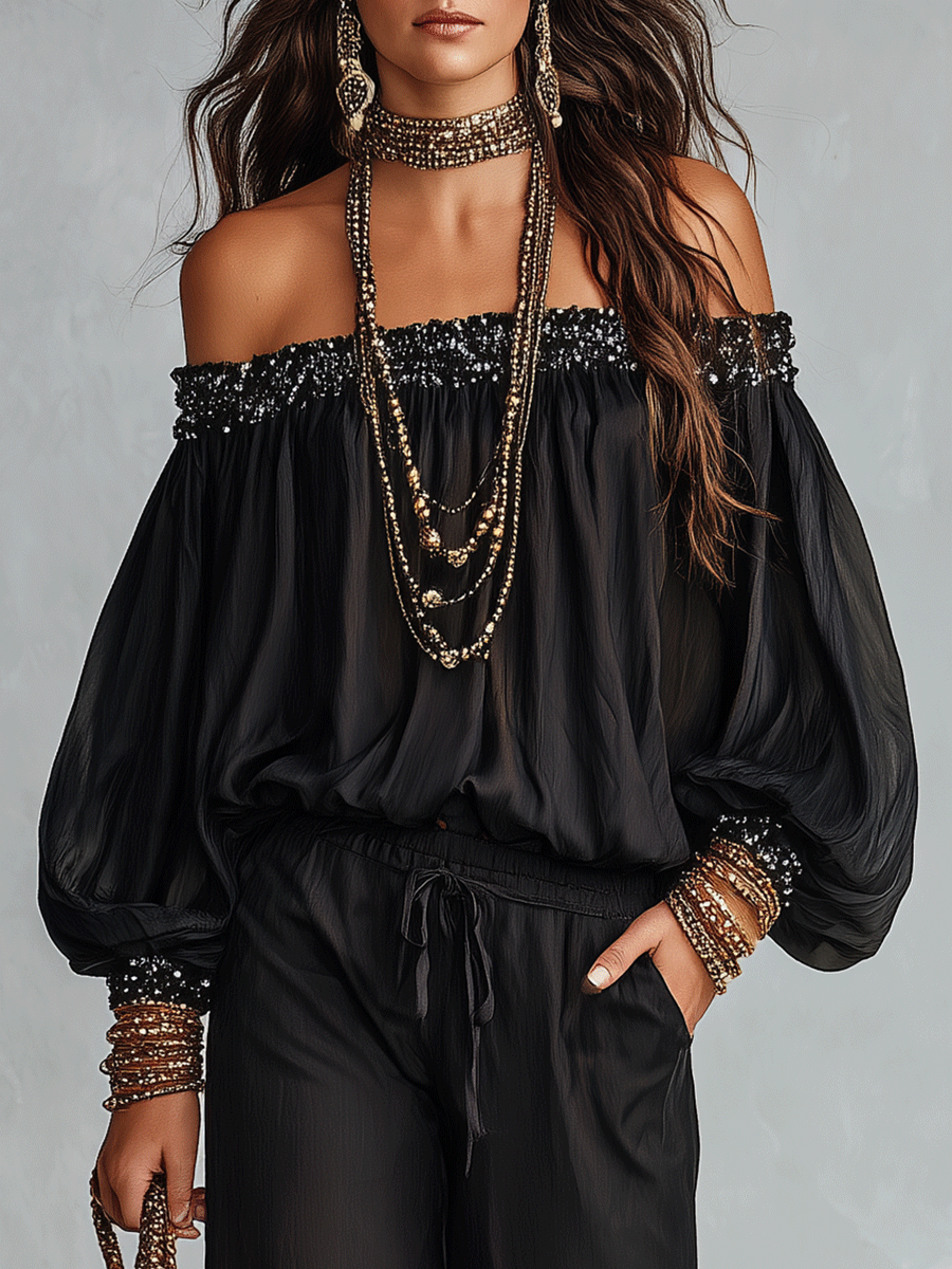 Bohemian Resort Black Off-Shoulder Blouse & Wide-Leg Pants Set