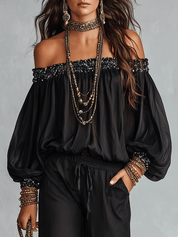 Bohemian Resort Black Off-Shoulder Blouse & Wide-Leg Pants Set