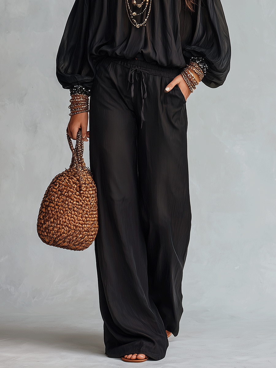 Bohemian Resort Black Off-Shoulder Blouse & Wide-Leg Pants Set