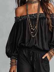 Bohemian Resort Black Off-Shoulder Blouse & Wide-Leg Pants Set