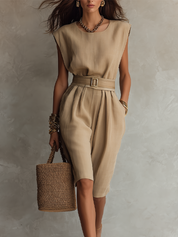 Belted Sleeveless Linen Bermuda Jumpsuit