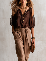 Bohemian Brown Off The Shoulder Top And Lantern Pants Set