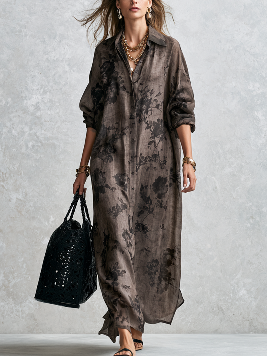 Bohemian Gray Floral Shirt Dress
