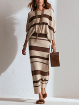 Bohemian Style Khaki Knit Batwing Sleeve Top And Skirt Set