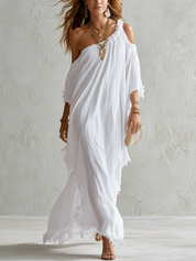 Effortless White One Shoulder Textured Maxi Dress