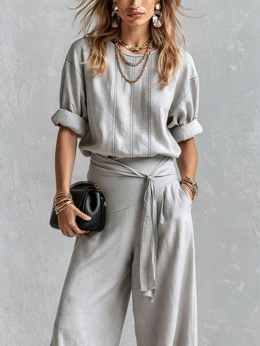 Bohemian Gray Cotton Linen Top And Wide-leg Pants Set
