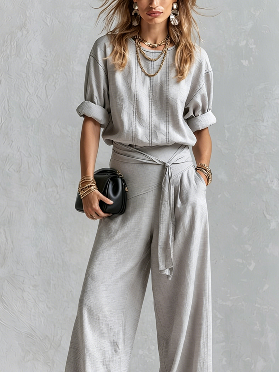 Bohemian Gray Cotton Linen Top And Wide-leg Pants Set