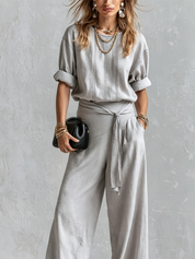 Bohemian Gray Cotton Linen Top And Wide-leg Pants Set