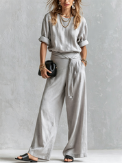 Bohemian Gray Cotton Linen Top And Wide-leg Pants Set