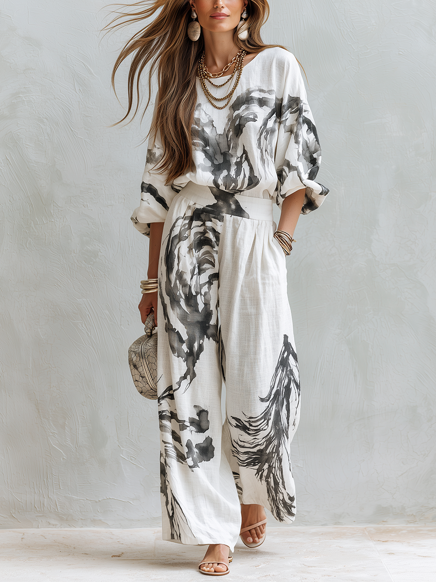 Bohemian Style Abstract Print Top And Wide Leg Pants Set