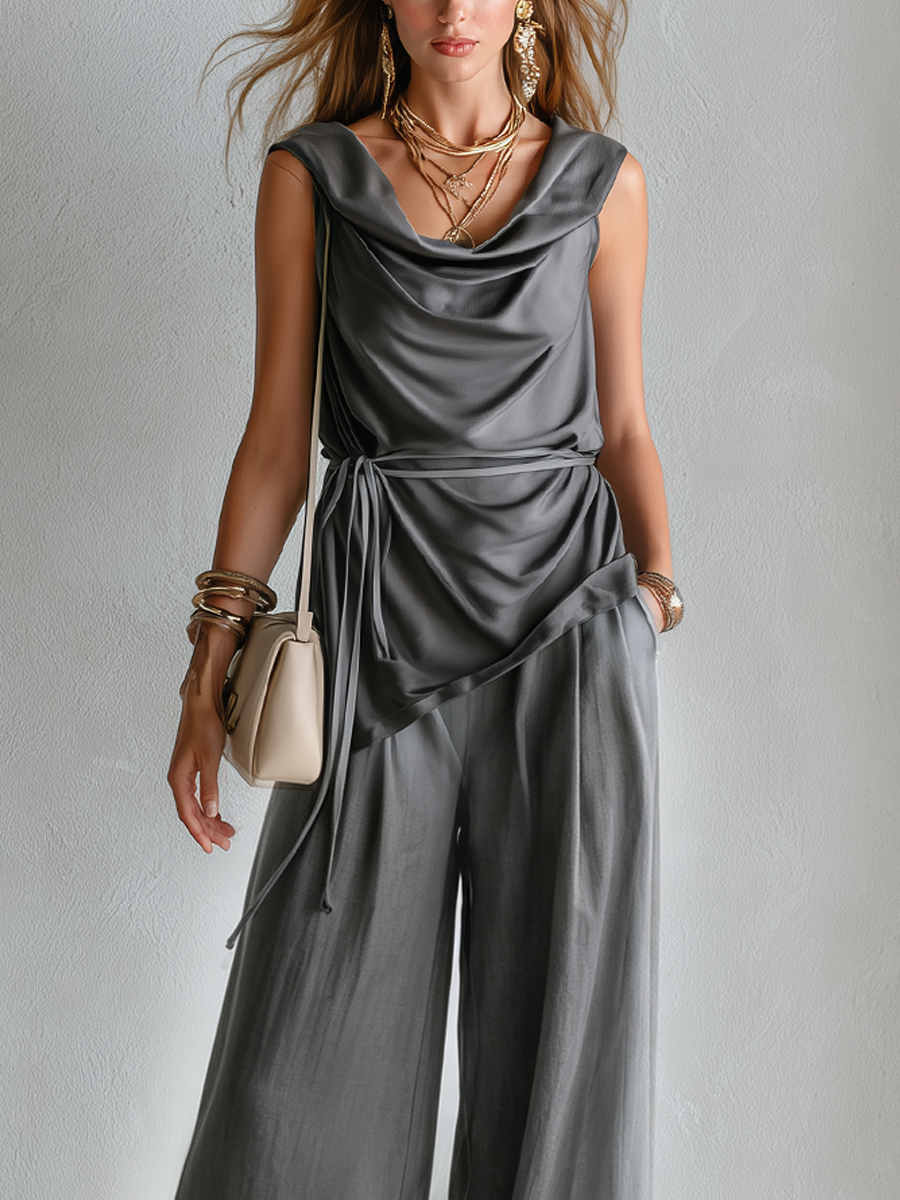 Bohemian Grey Pleated Neck Wide-Leg Trouser Suit