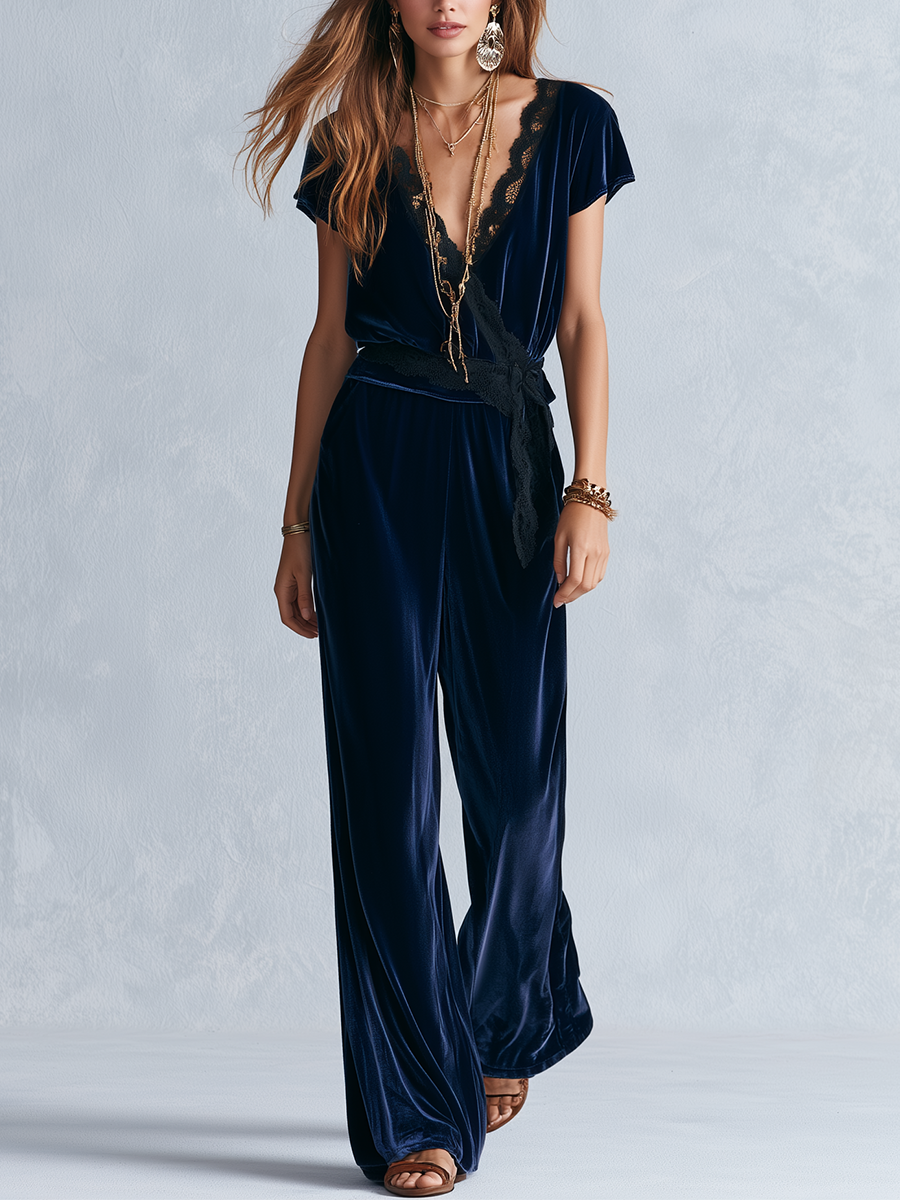 Bohemian Navy Blue Lace Trimmed Jumpsuit