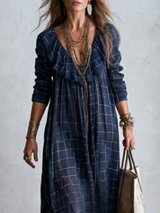 Bohemian Style Midnight Blue Plaid Ruffle Maxi Skirt