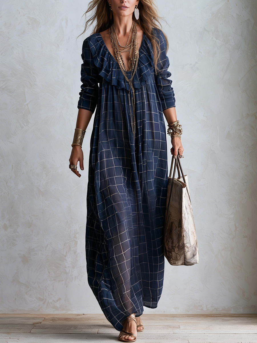 Bohemian Style Midnight Blue Plaid Ruffle Maxi Skirt