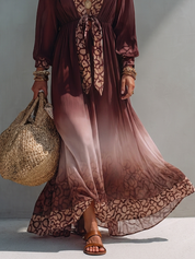 Resort Wine Red Printed Trim Flowy Kaftan Maxi Dress
