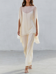 Resort Sheer Kaftan Top With Flowing Wide Leg Trousers Set