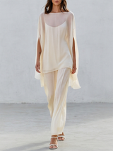 Resort Sheer Kaftan Top With Flowing Wide Leg Trousers Set