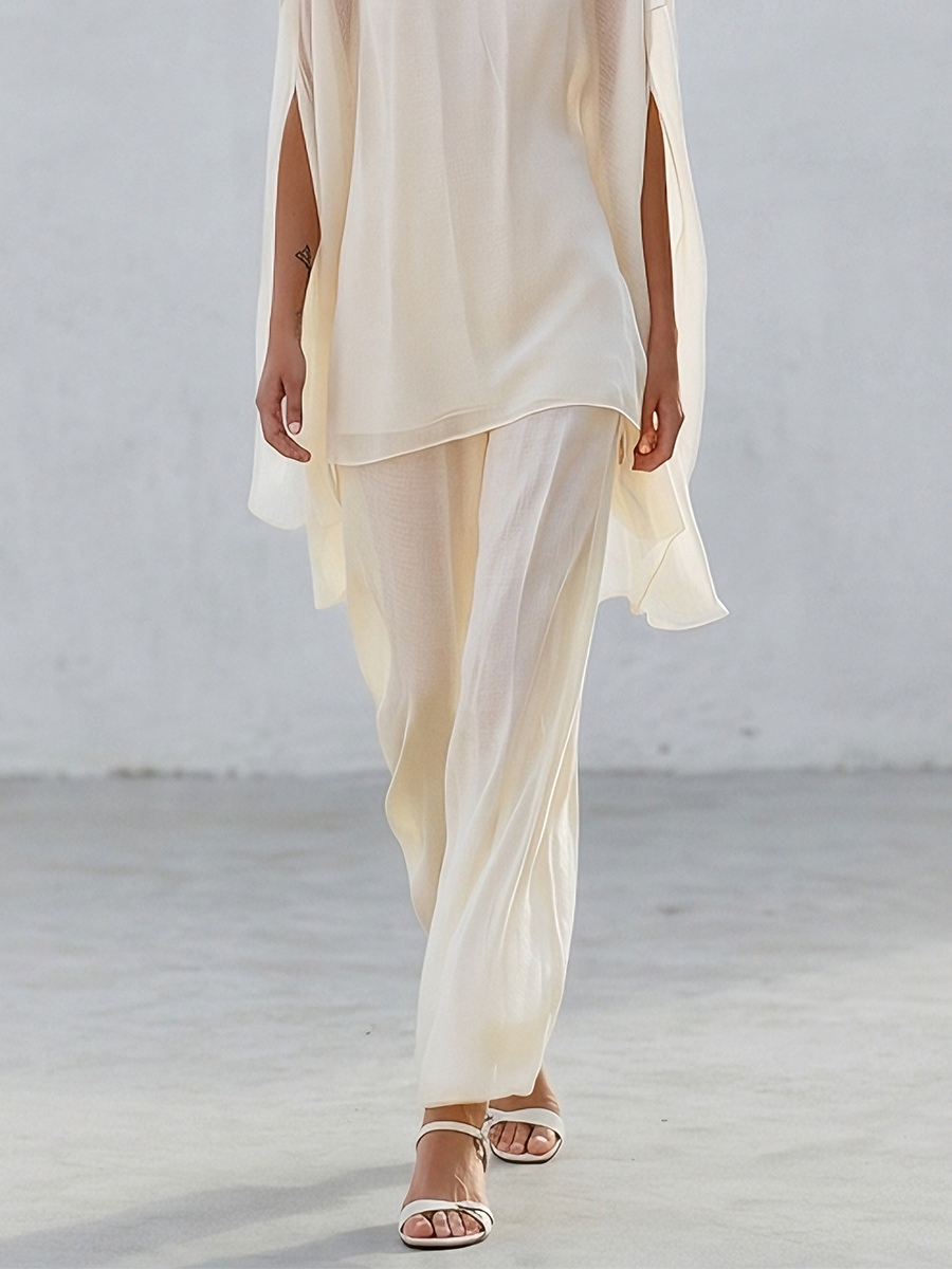 Resort Sheer Kaftan Top With Flowing Wide Leg Trousers Set