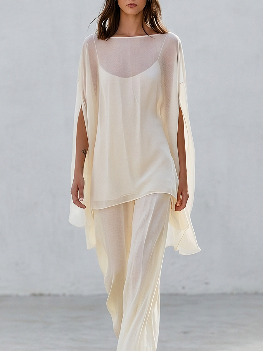 Resort Sheer Kaftan Top With Flowing Wide Leg Trousers Set