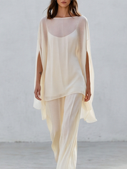 Resort Sheer Kaftan Top With Flowing Wide Leg Trousers Set