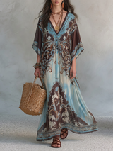 Boho Paisley Batwing Sleeve Beach Cover-Up Maxi Dress