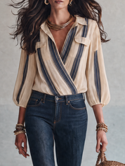 Contrast Stripe Collared Balloon Sleeve Wrap Top