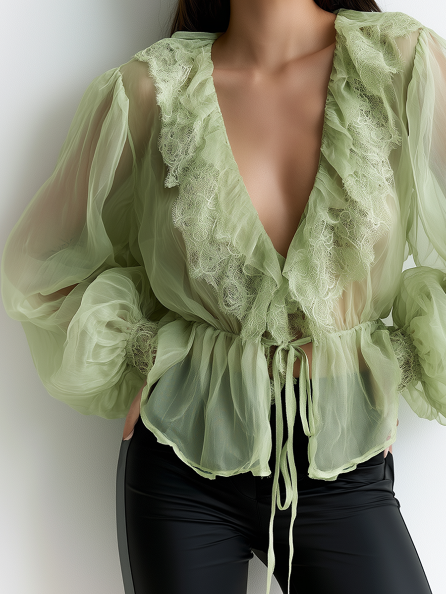 Elegant Organza Deep V-Neck Ruffle Peplum Top