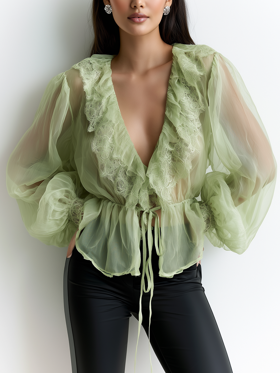 Elegant Organza Deep V-Neck Ruffle Peplum Top