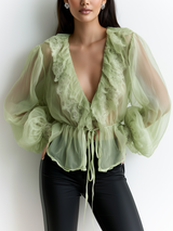 Elegant Organza Deep V-Neck Ruffle Peplum Top