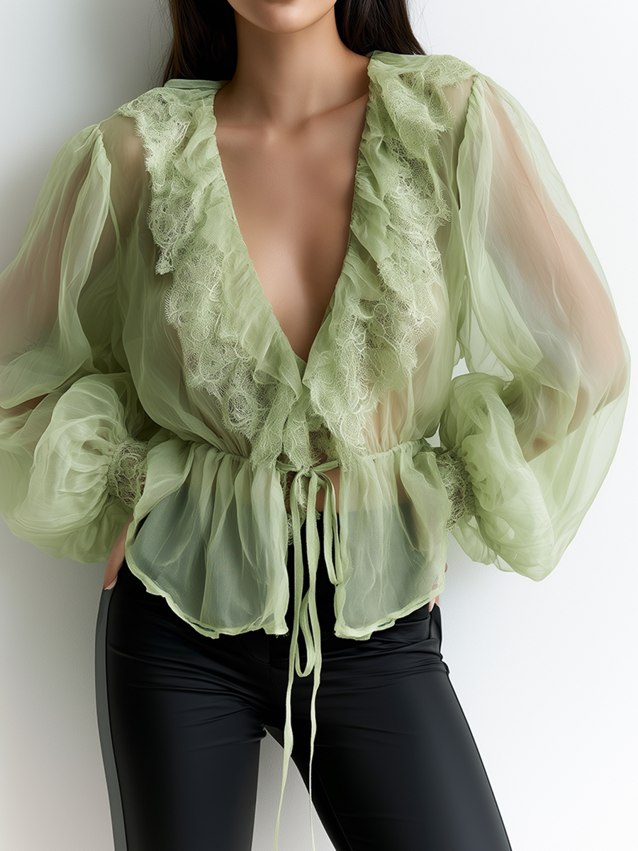Elegant Organza Deep V-Neck Ruffle Peplum Top
