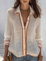 Casual Elegant Loose-Knit Piped-Trim Button-Up White Cardigan