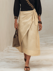 Bohemian Chic Embroidered Black Top & Linen Wrap Beige Maxi Skirt Set