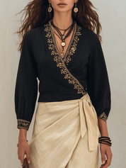 Bohemian Chic Embroidered Black Top & Linen Wrap Beige Maxi Skirt Set