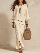 Minimalist Boho Linen Loose Side-Slit Beige Maxi Skirt Set