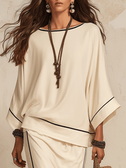 Minimalist Boho Linen Loose Side-Slit Beige Maxi Skirt Set