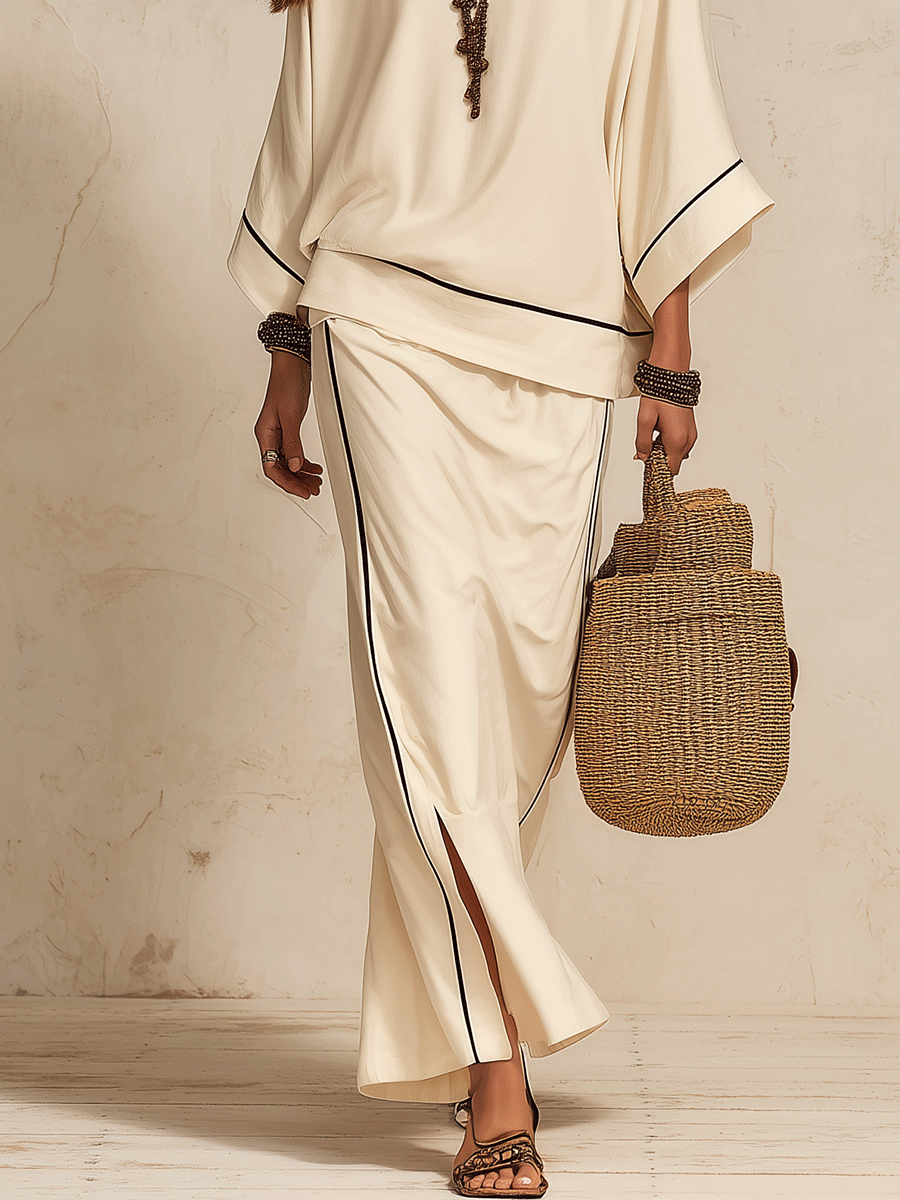 Minimalist Boho Linen Loose Side-Slit Beige Maxi Skirt Set