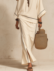 Minimalist Boho Linen Loose Side-Slit Beige Maxi Skirt Set