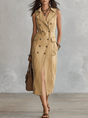Effortless Tailored Linen Double-Breasted Front-Slit Khaki Maxi Dress