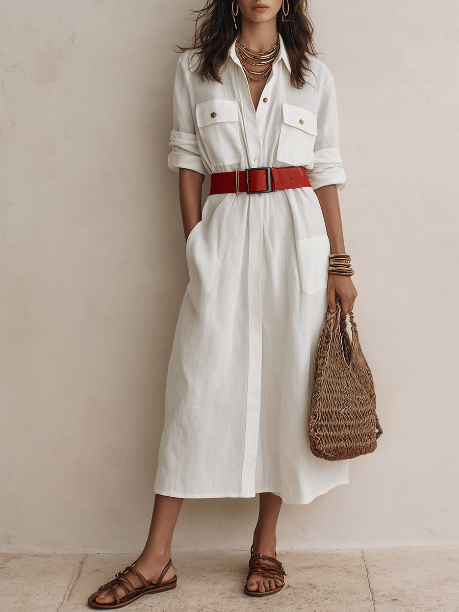 Effortless Chic Linen Belted Button-Front White Shirt Maxi Dress
