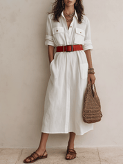 Effortless Chic Linen Belted Button-Front White Shirt Maxi Dress