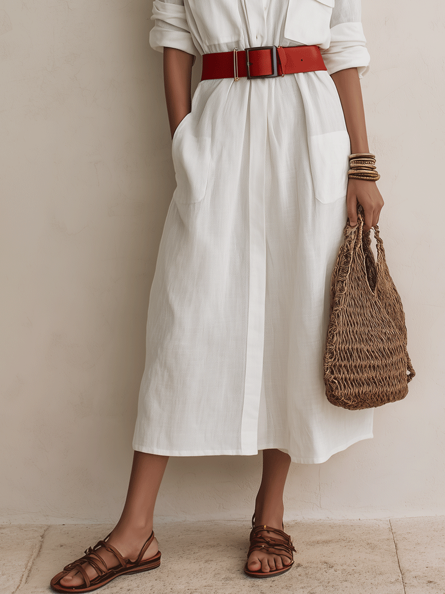 Effortless Chic Linen Belted Button-Front White Shirt Maxi Dress