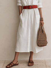 Effortless Chic Linen Belted Button-Front White Shirt Maxi Dress