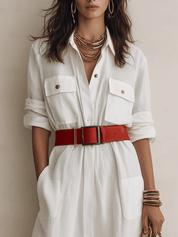 Effortless Chic Linen Belted Button-Front White Shirt Maxi Dress