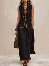 Western Chic Linen Stand-Collar Open-Front Black & Rust Maxi Skirt Set
