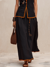 Western Chic Linen Stand-Collar Open-Front Black & Rust Maxi Skirt Set