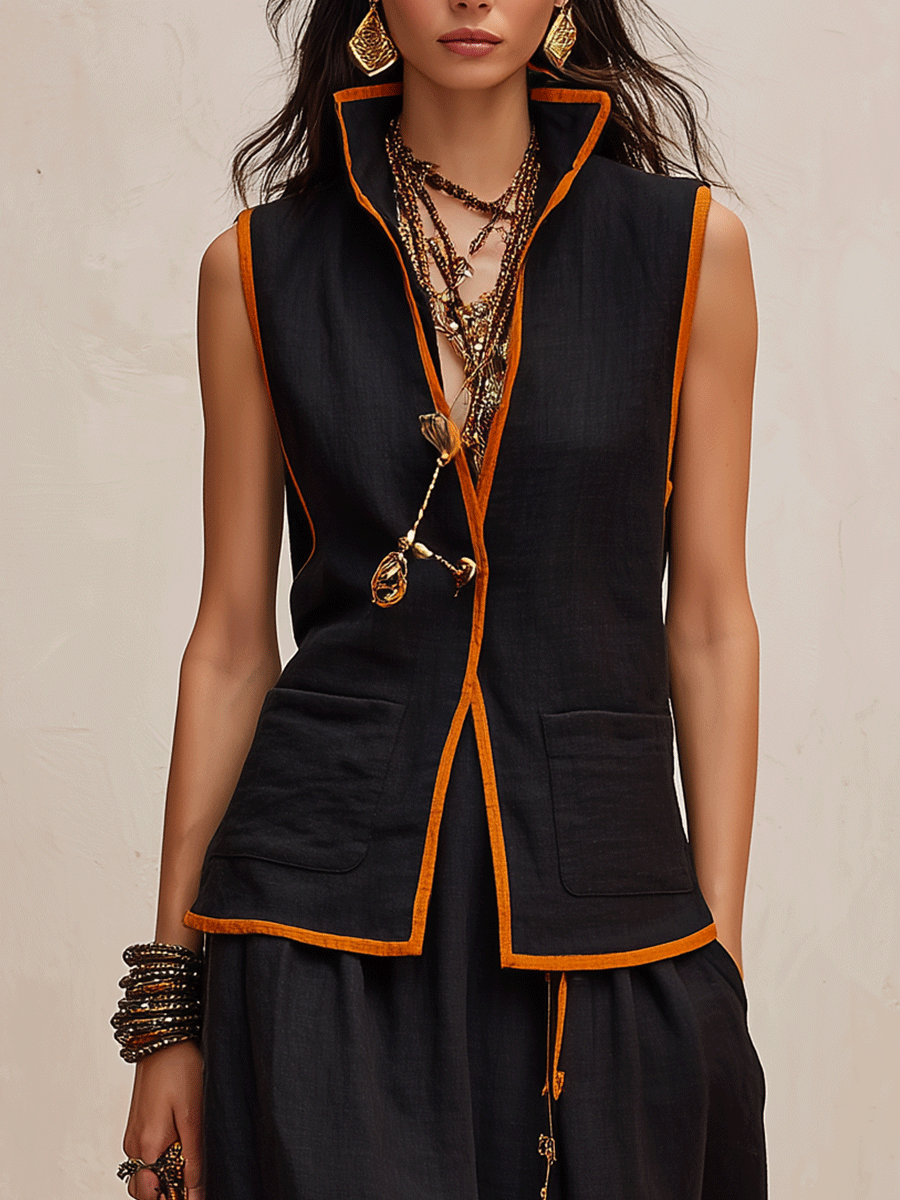 Western Chic Linen Stand-Collar Open-Front Black & Rust Maxi Skirt Set